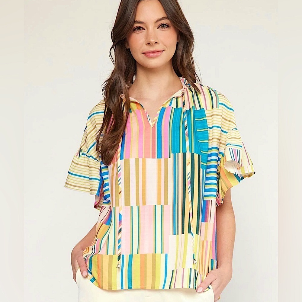 Striped Patchwork Print Short Ruffle Sleeve Blouse Size Medium NEW